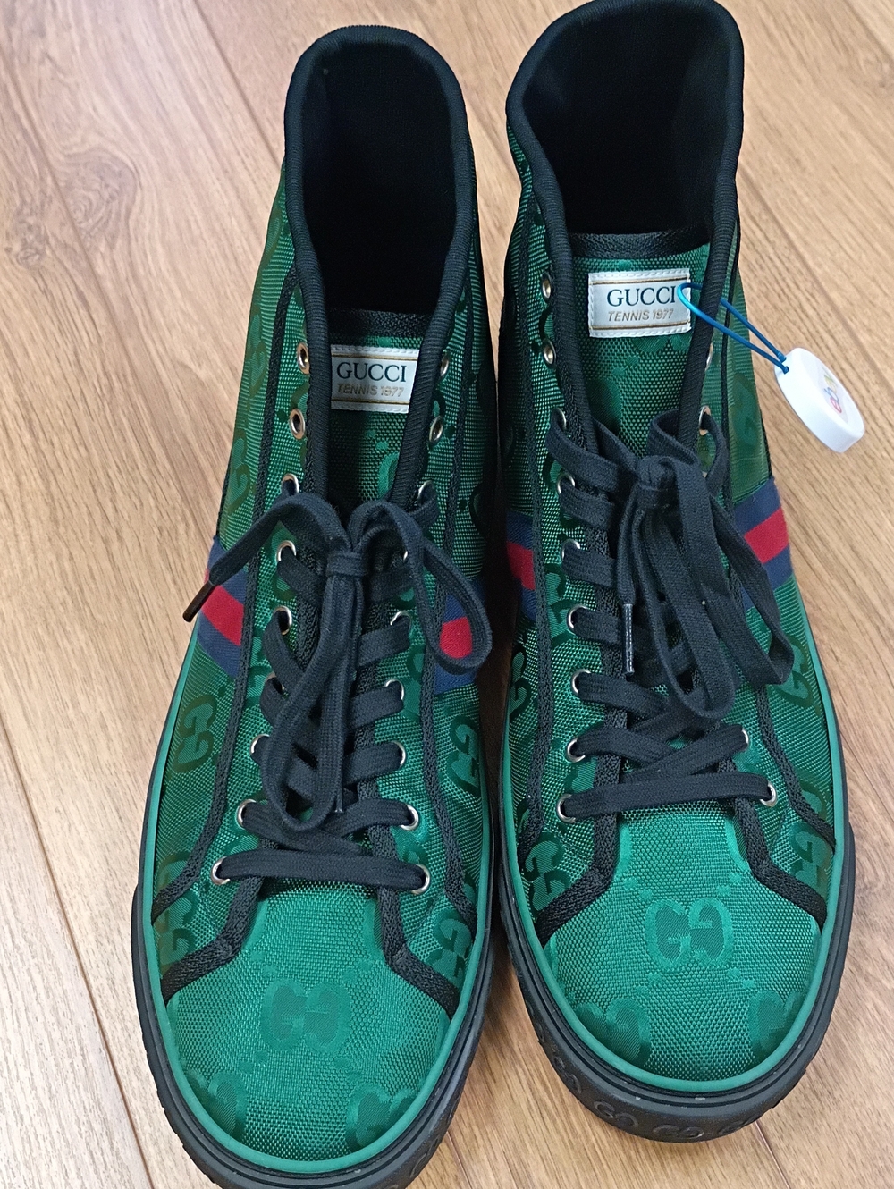 Gucci Off The Grid Tennis 1977 High Top Green GG Monogram Canvas Sneakers Sz 15